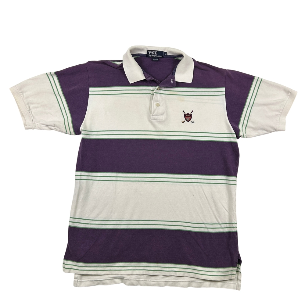 Polo Ralph Lauren Shirt Mens Large Striped Crest Logo Classic Purple Green White